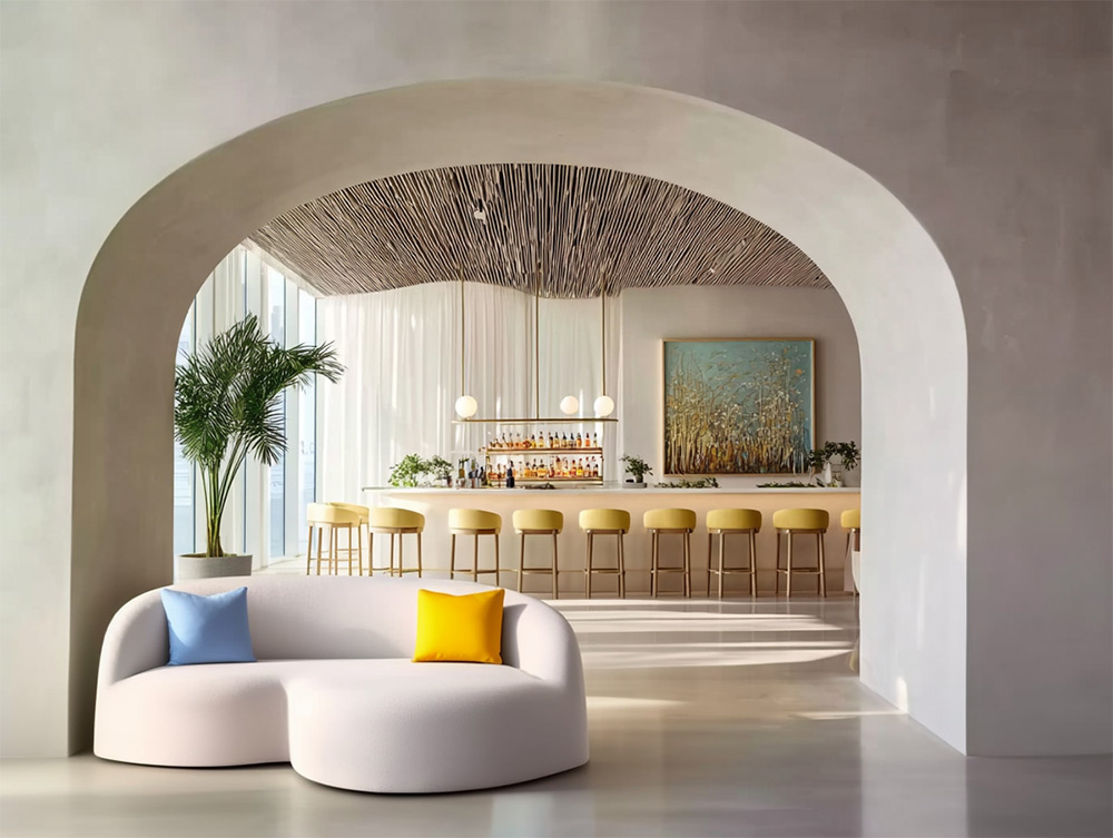 Bar design in off-white, featuring a textured ceiling.