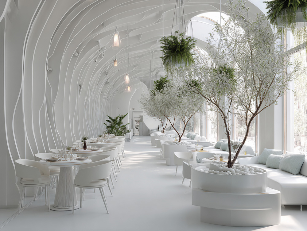 Striking wall and ceiling landscape in a monochromatic restaurant interior.