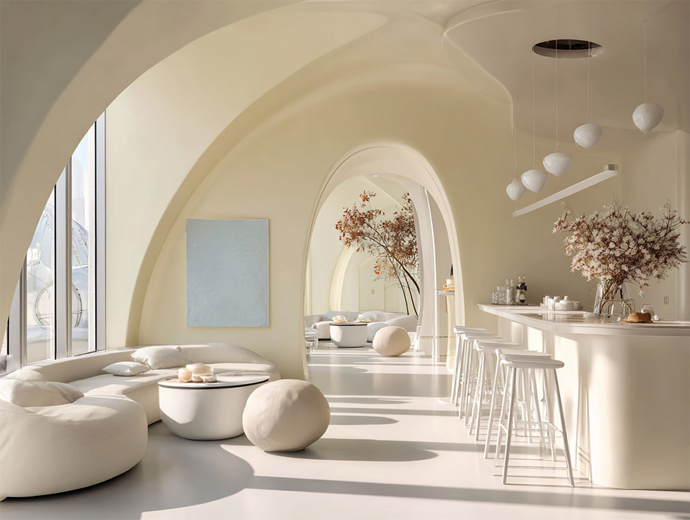 Uniquely shaped couch and accent pieces in bar and lounge interior design.