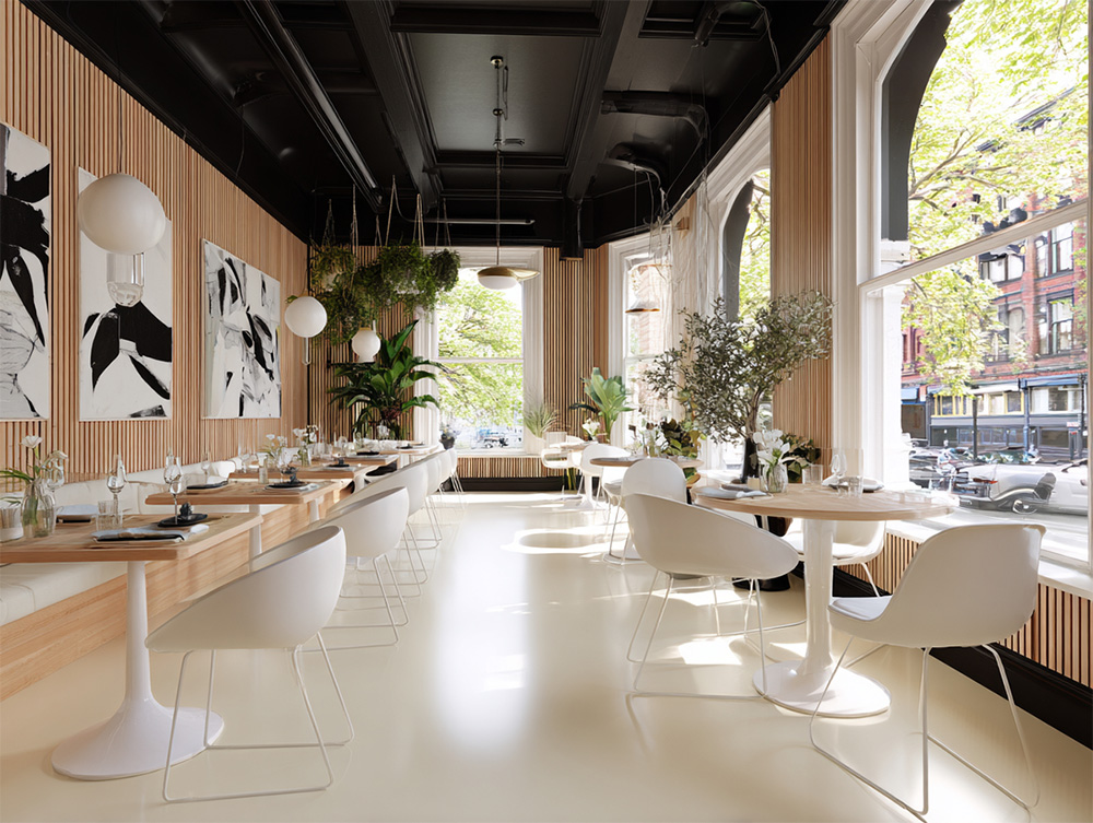 Combining the Pantone Color of the Year 2026 and wood accents in restaurant design.