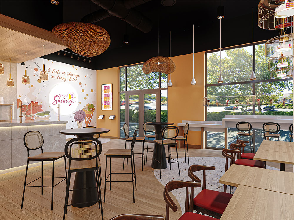 Different seating options for a Japanese dessert store design.