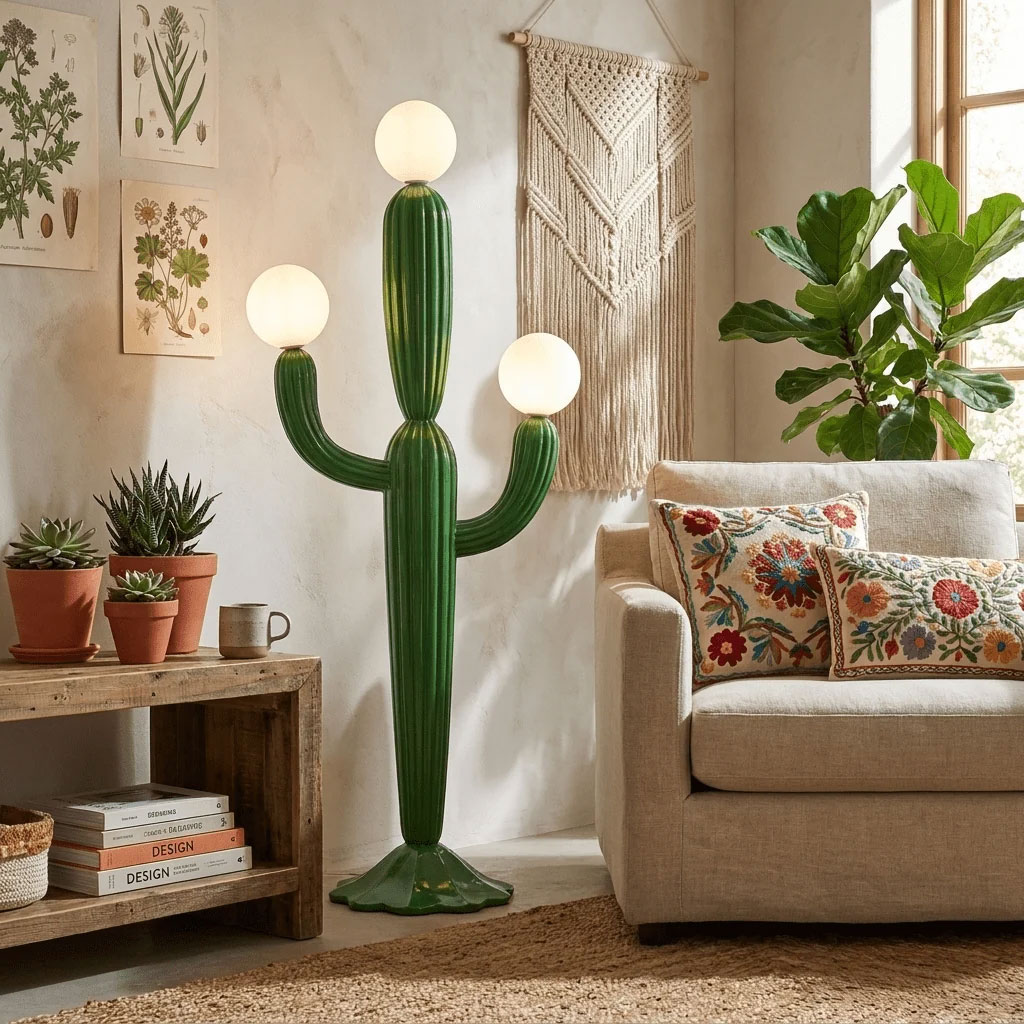 Green cactus-shaped floor lamp with three arms.