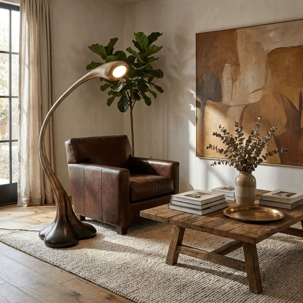 Tall, organic-shaped floor lamp.