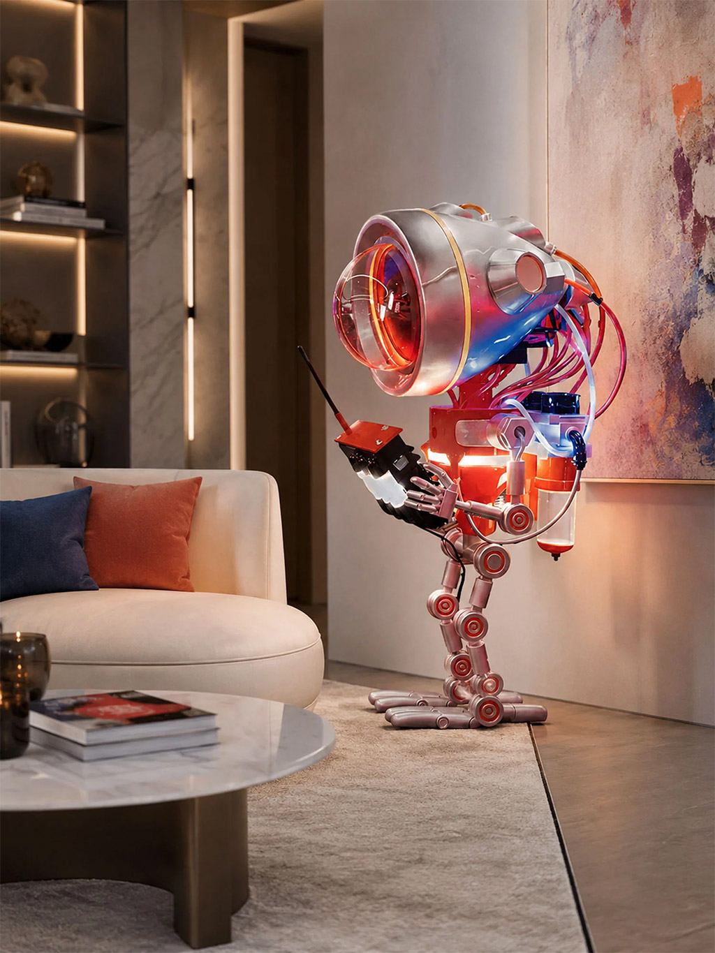Robot-shaped floor lamp with technical details, for restaurant and retail lighting.